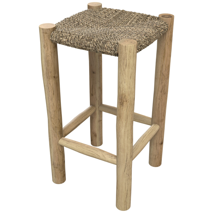 Tabouret pour îlot central 65 cm en jonc de mer et teck - Jovan