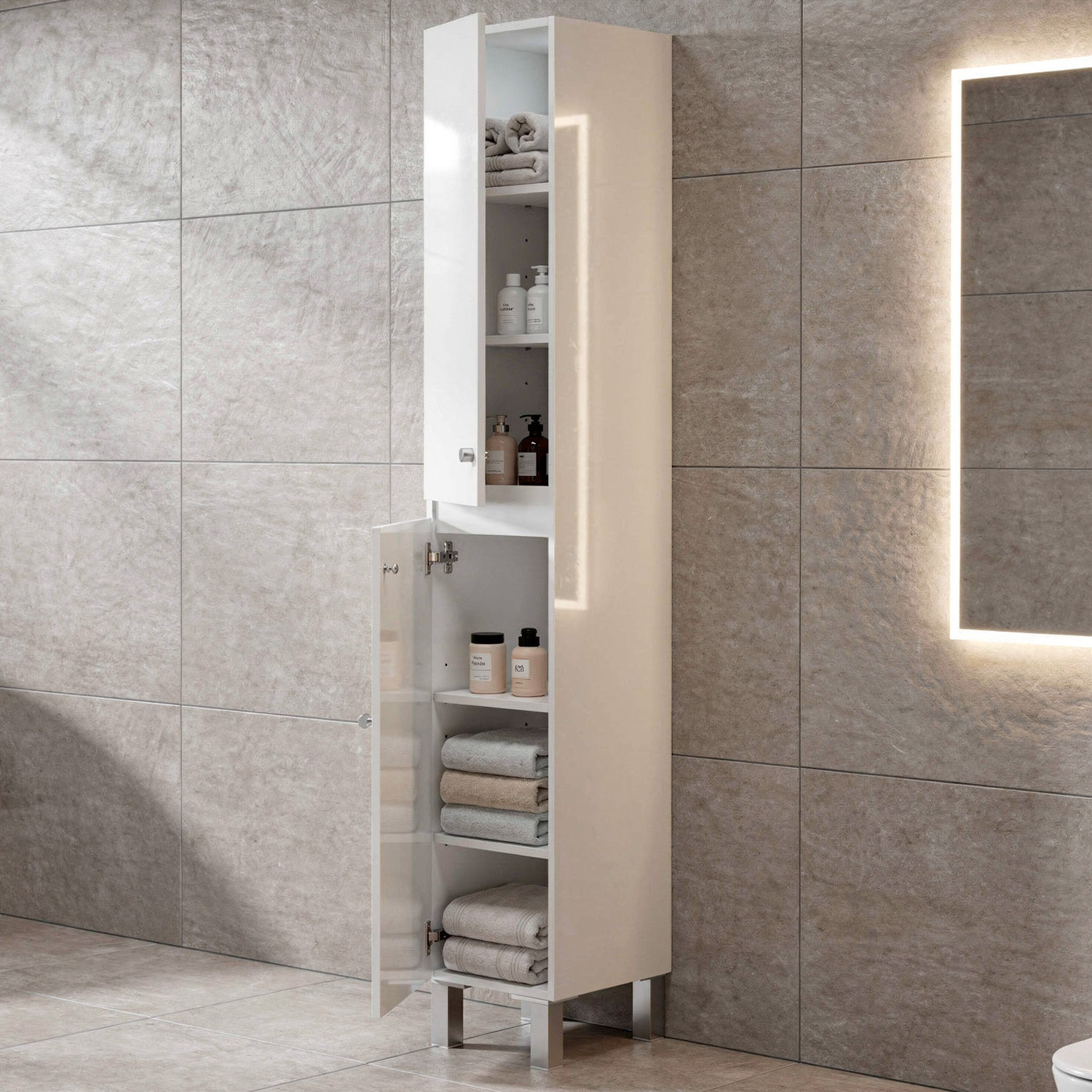 Mobile Alto Da Bagno Con 2 Ante E 6 Ripiani Salvaspazio Colonna Verticale Porta Asciugamani E Accessori 182 x 30 x 35 cm Bianco
