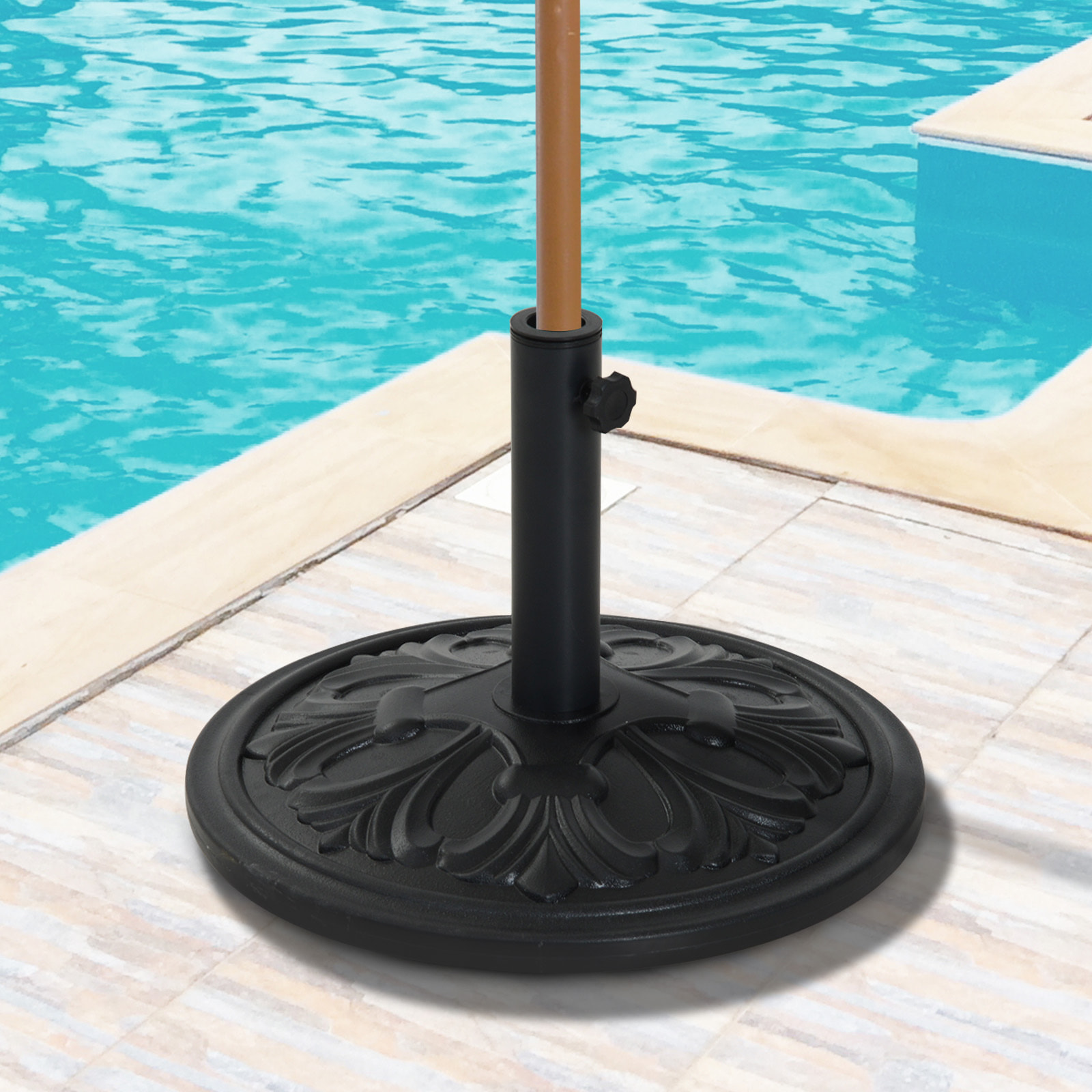 Pied de parasol rond base de lestage Ø 48 x 34H cm ciment HDPE motif fleurs de lys poids net 13 Kg noir