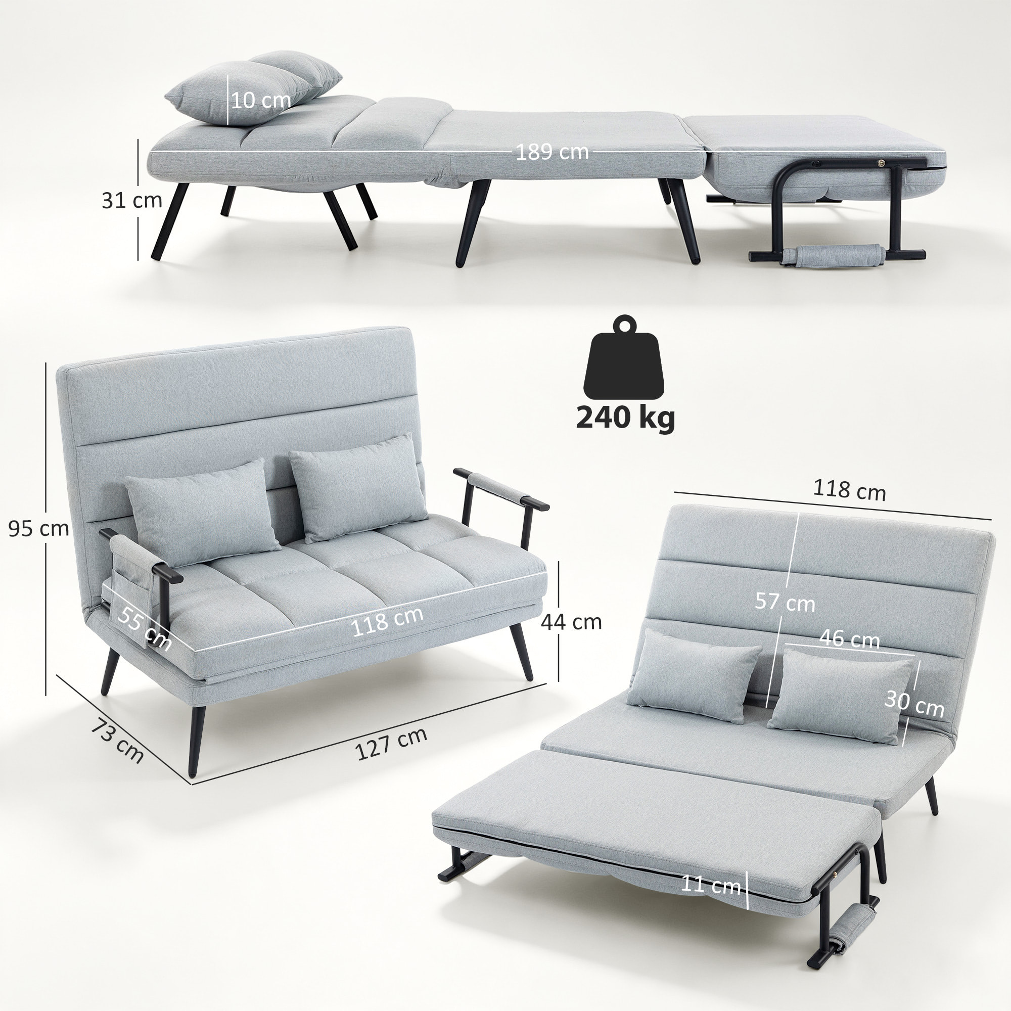 Sofá Cama 2 Plazas Convertible, 3 en 1, Sofá Cama Plegable, Tapizado en Lino, Respaldo Ajustable, 2 Almohadas con Funda Lavable, para Salón, Dormitorio, 127x73x95 cm, Gris Claro