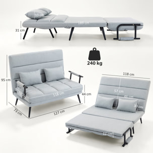 Sofá Cama 2 Plazas Convertible, 3 en 1, Sofá Cama Plegable, Tapizado en Lino, Respaldo Ajustable, 2 Almohadas con Funda Lavable, para Salón, Dormitorio, 127x73x95 cm, Gris Claro