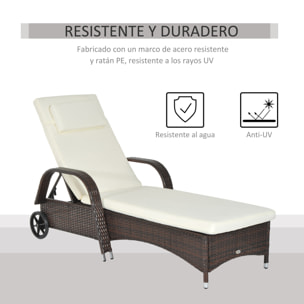 Tumbona de Ratán de Jardín Chaise Longue con Respaldo Ajustable en 5 Posiciones Cojines Acolchados Reposacabezas y 2 Ruedas 200x73x30-103 cm Crema y Marrón