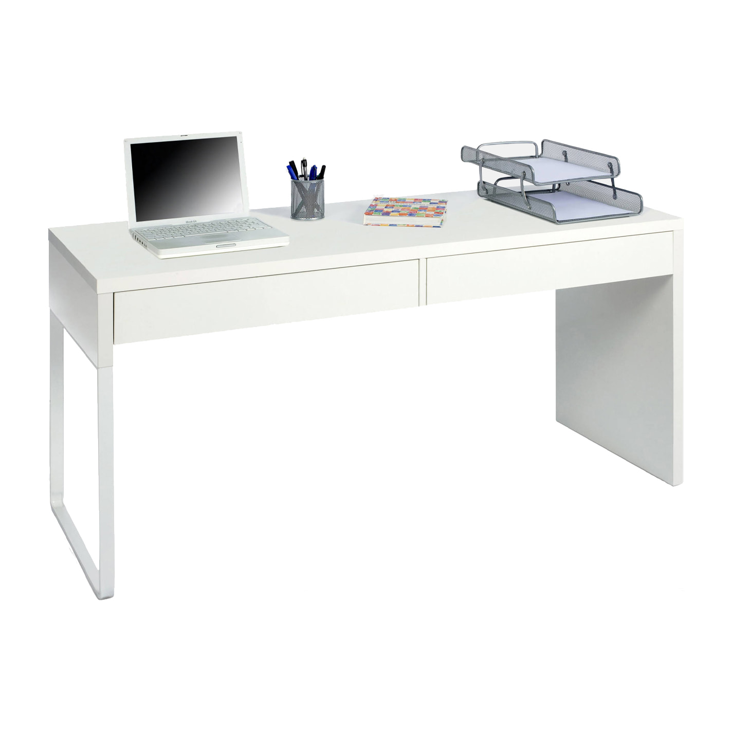 Scrivania Houston, Scrittoio multifunzione reversibile da ufficio, Tavolo da studio porta PC con 2 cassetti, cm 138x50h75, Bianco lucido