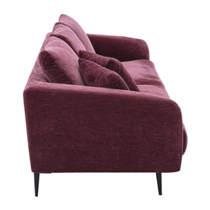Canapé design 3 places en tissu effet velours prune et métal noir JERRY