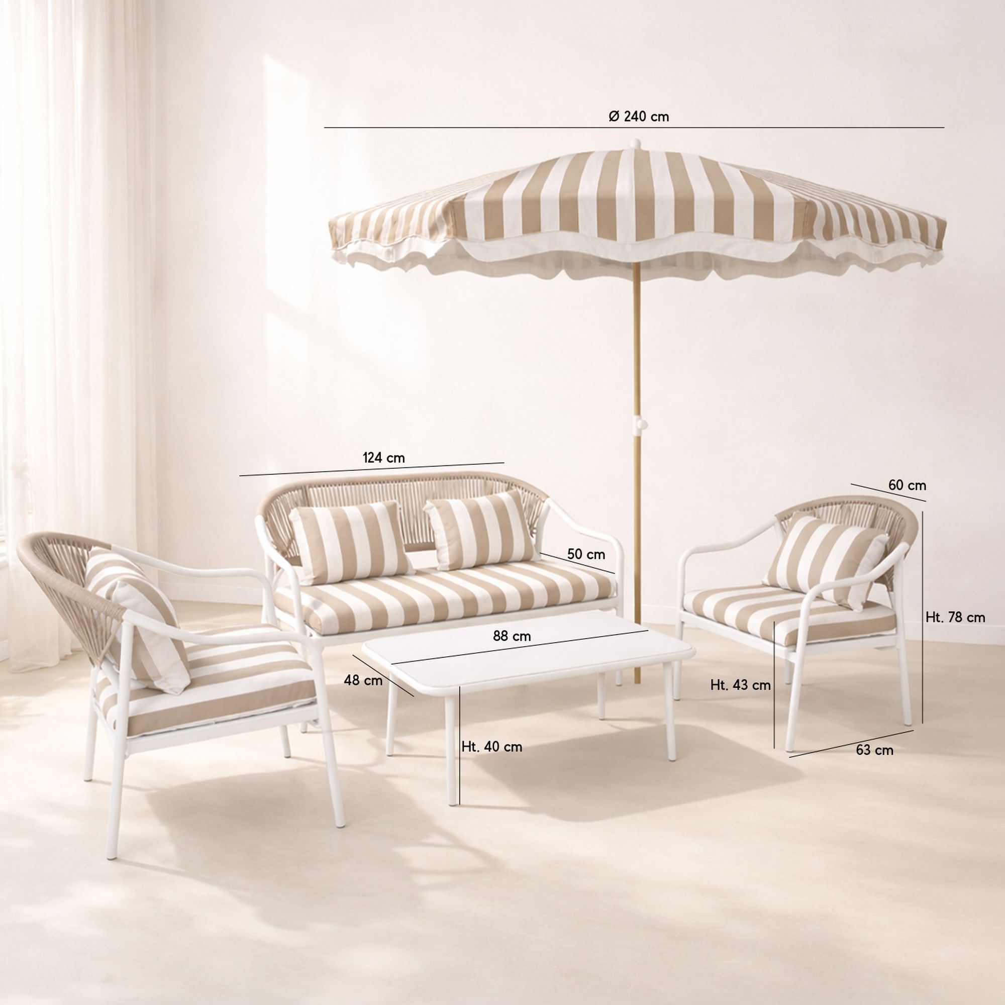 Ensemble salon  jardin en acier  avec parasol blanc et taupe positano