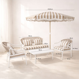 Ensemble salon  jardin en acier  avec parasol blanc et taupe positano
