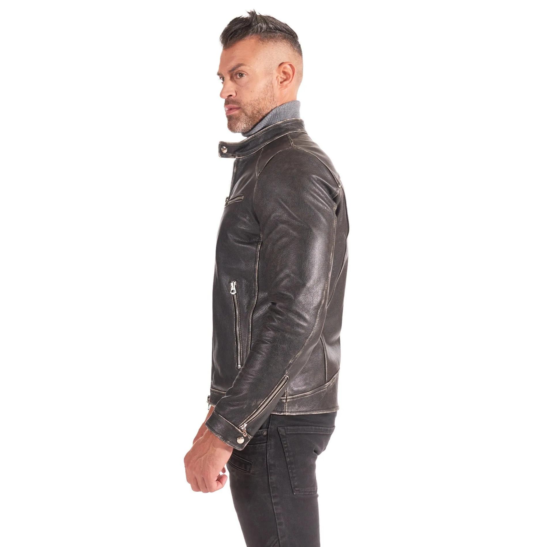 Giacca biker in pelle nera vintage effetto invecchiato