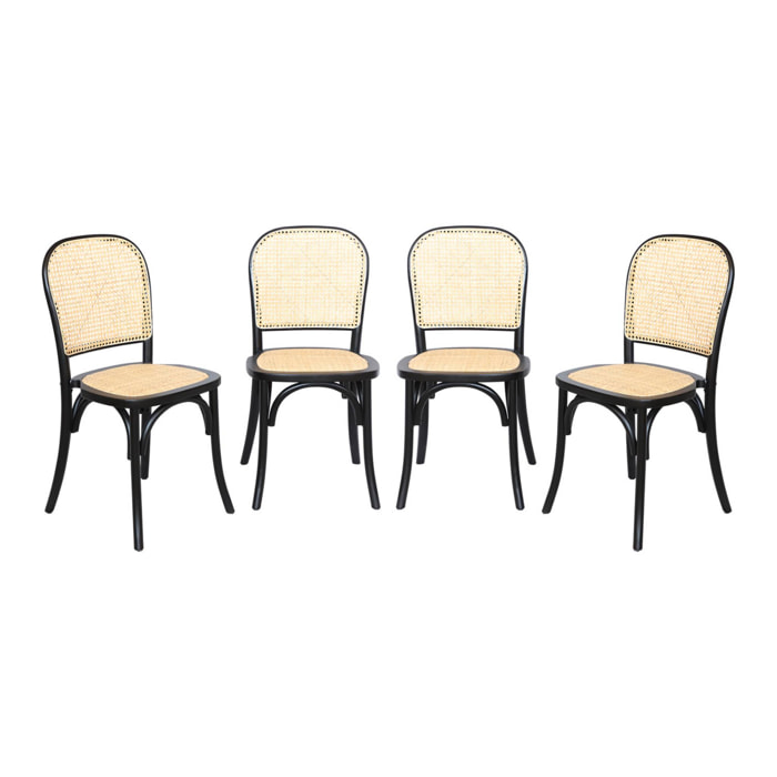Lot de 4 chaises vintage en bois d'hévéa avec assise et dossier en rotin. coloris noir. L 44.5 x P 48 x H 89.5cm