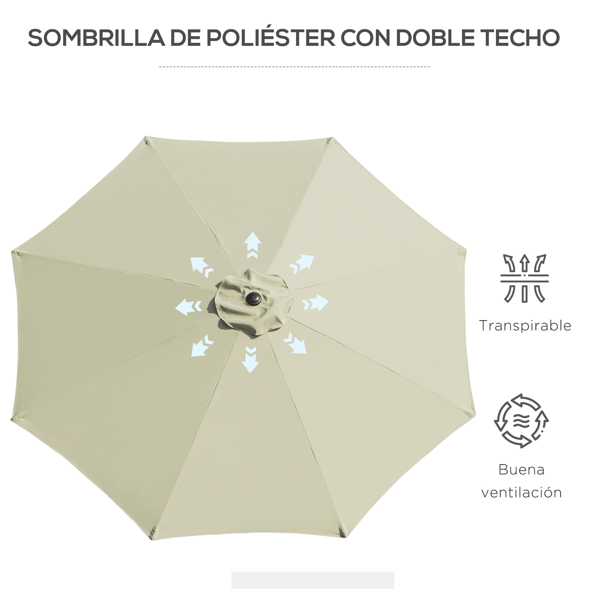 Sombrilla de Jardín Ø295x250 cm con Manivela Parasol Exterior con Mecanismo de Inclinación y Poste Desmontable de Metal para Terraza Piscina Patio Beige