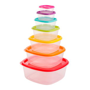 Set de 7 fiambreras de plástico cuadradas con diseño multicolor.