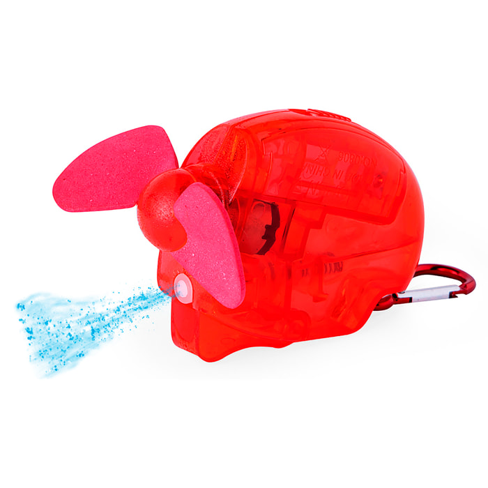 Ventilador vaporizador portátil con depósito de 35 ml y pulverización de agua. Incluye mosquetón para transportarlo cómodamente.