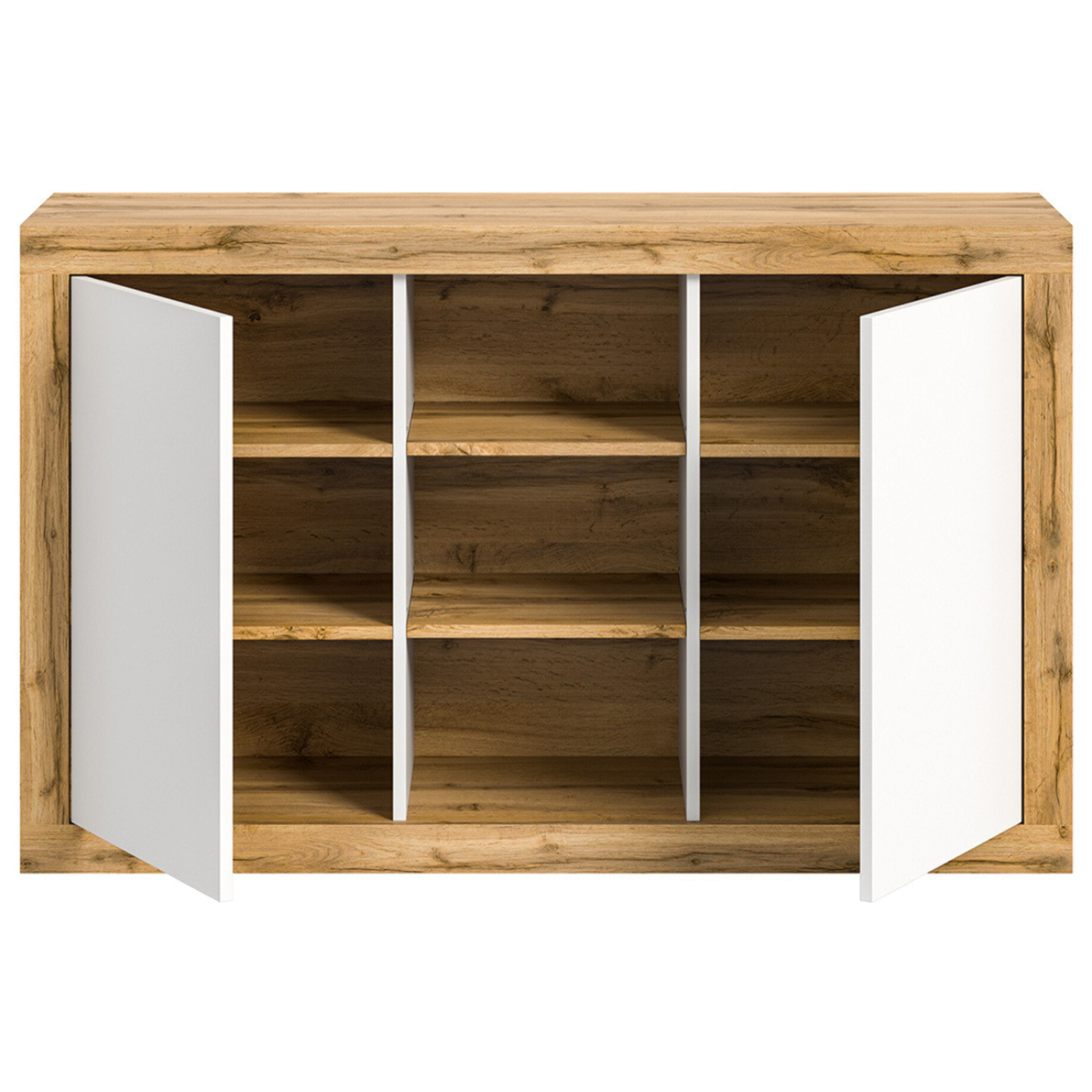 Ethan – buffet bas – 2 portes et 3 niches – bois et blanc - 130 cm - Bois / Blanc