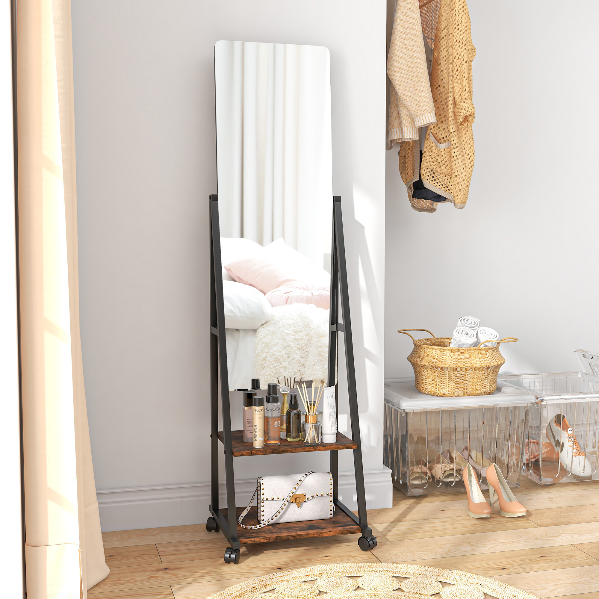 Miroir sur pied rectangulaire avec roulettes angle réglable 2 étagères dim. 42L x 37l x 155H cm verre bois rustique noir