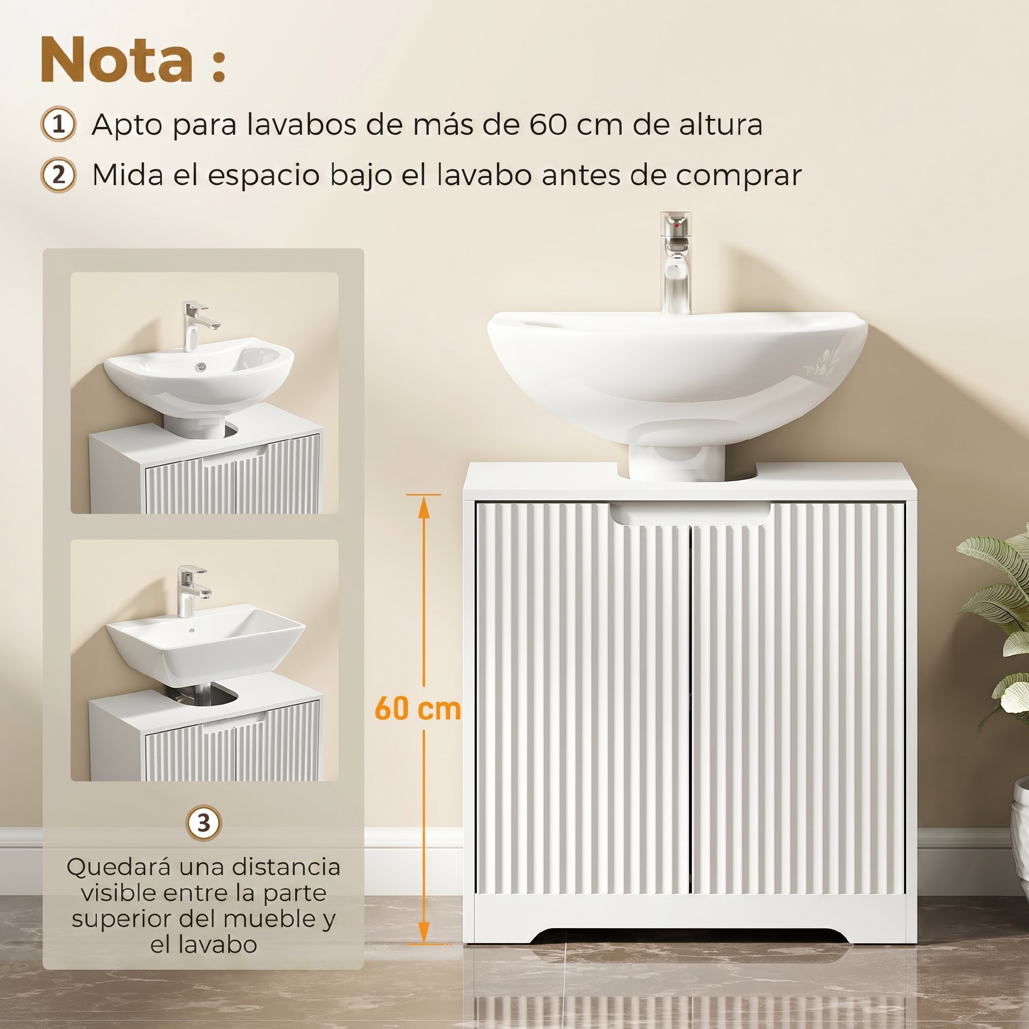Mueble Bajo Lavabo, Mueble de Baño con Puertas de Cierre Suave y Diseño Acanalado, 2 Estantes, para Lavabo con o sin Pedestal, 60x30x60 cm, Blanco