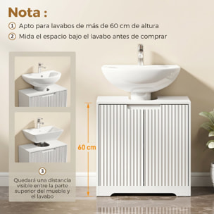 Mueble Bajo Lavabo, Mueble de Baño con Puertas de Cierre Suave y Diseño Acanalado, 2 Estantes, para Lavabo con o sin Pedestal, 60x30x60 cm, Blanco