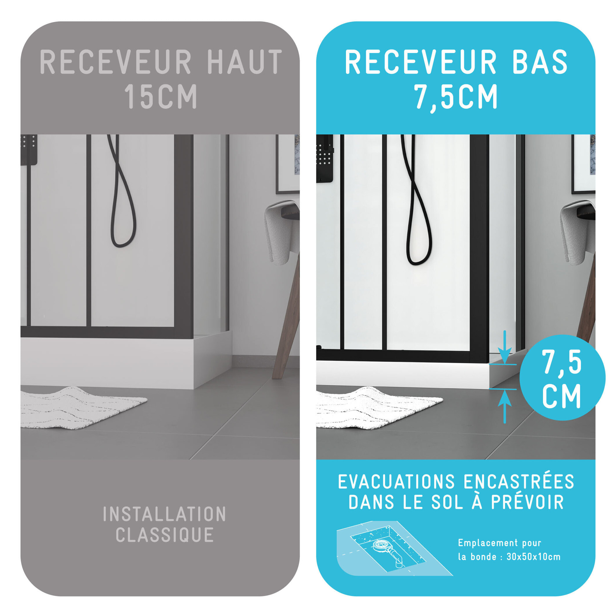 Cabine de douche Hydromassante 110x80 Receveur Bas - Fond Gris et Profilés Noir Mat - GREY STYLE LOW
