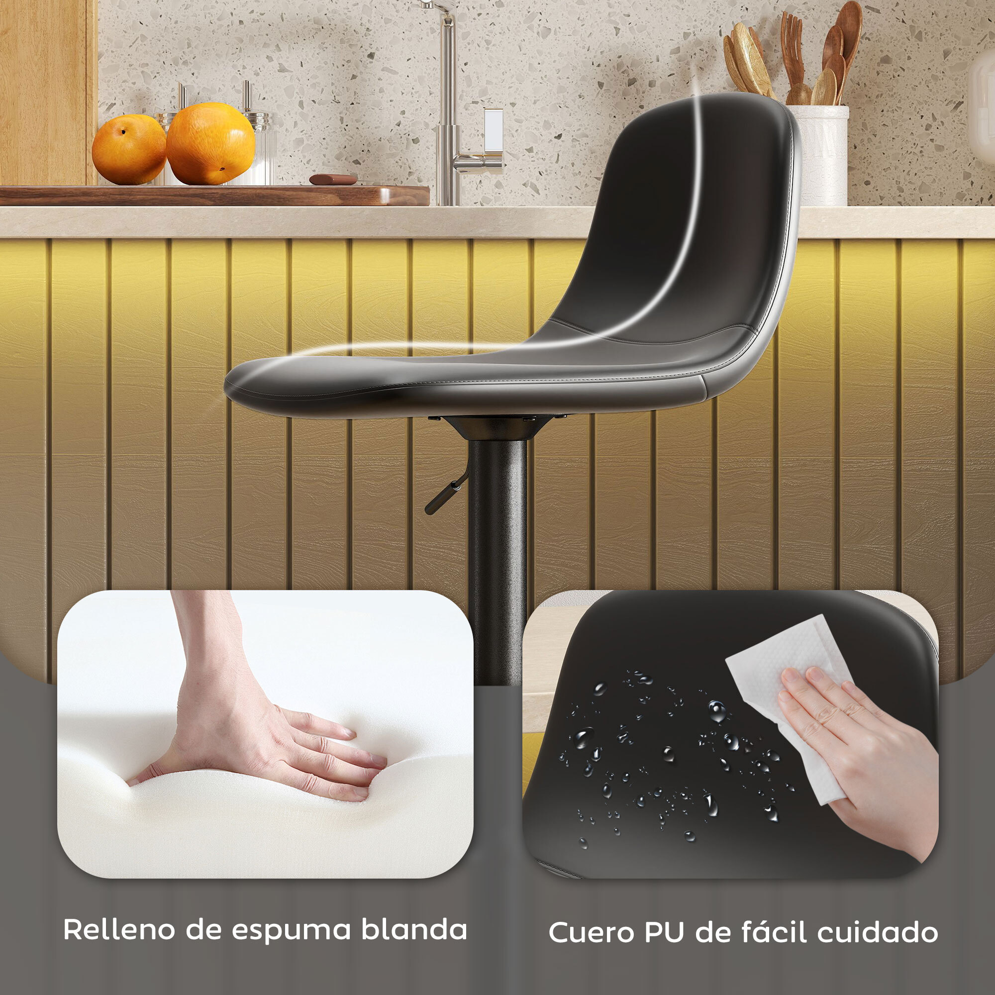 Juego de 2 Taburetes de Bar Taburetes Altos de Cocina Regulable en Altura 84-104 cm con Respaldo y Reposapiés Tapizado en PU Giratorio en 360° para Comedor Mostrador Negro