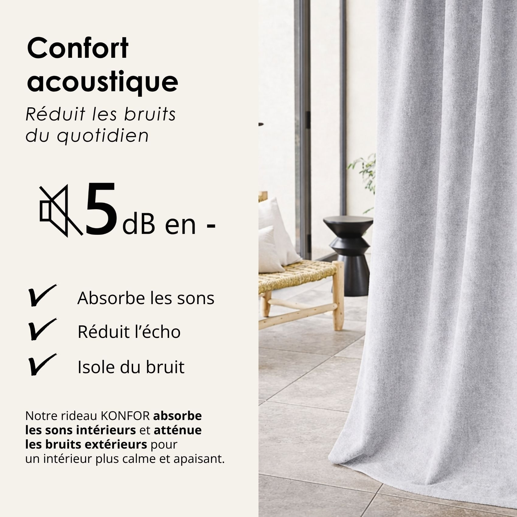Rideau thermique phonique et semi occultant à galons fronceurs KONFOR - Gris Perle