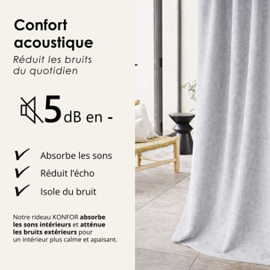 Rideau thermique phonique et semi occultant à galons fronceurs KONFOR - Gris Perle