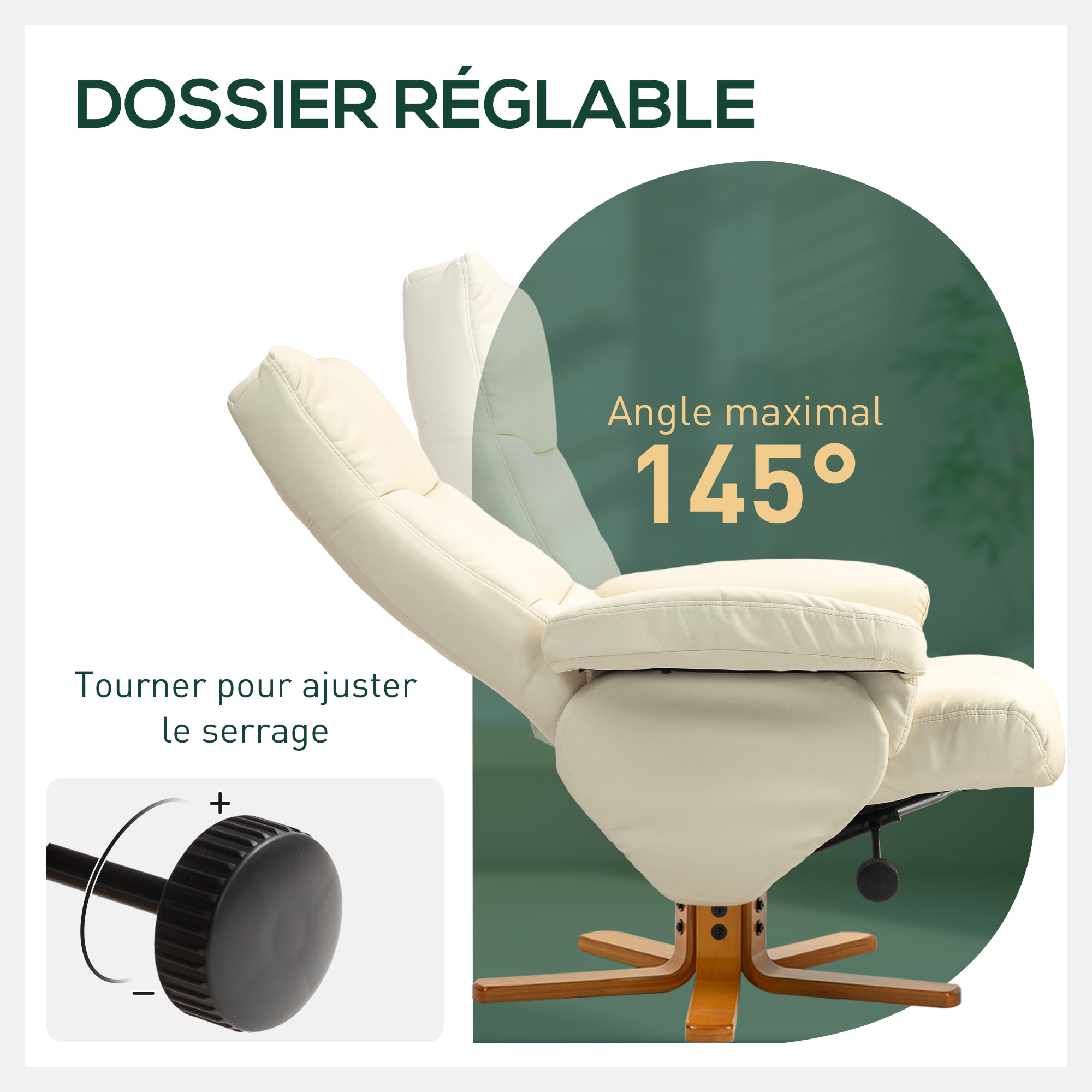 Fauteuil relax inclinable style contemporain repose-pieds coffre rangement revêtement synthétique acier bois crème