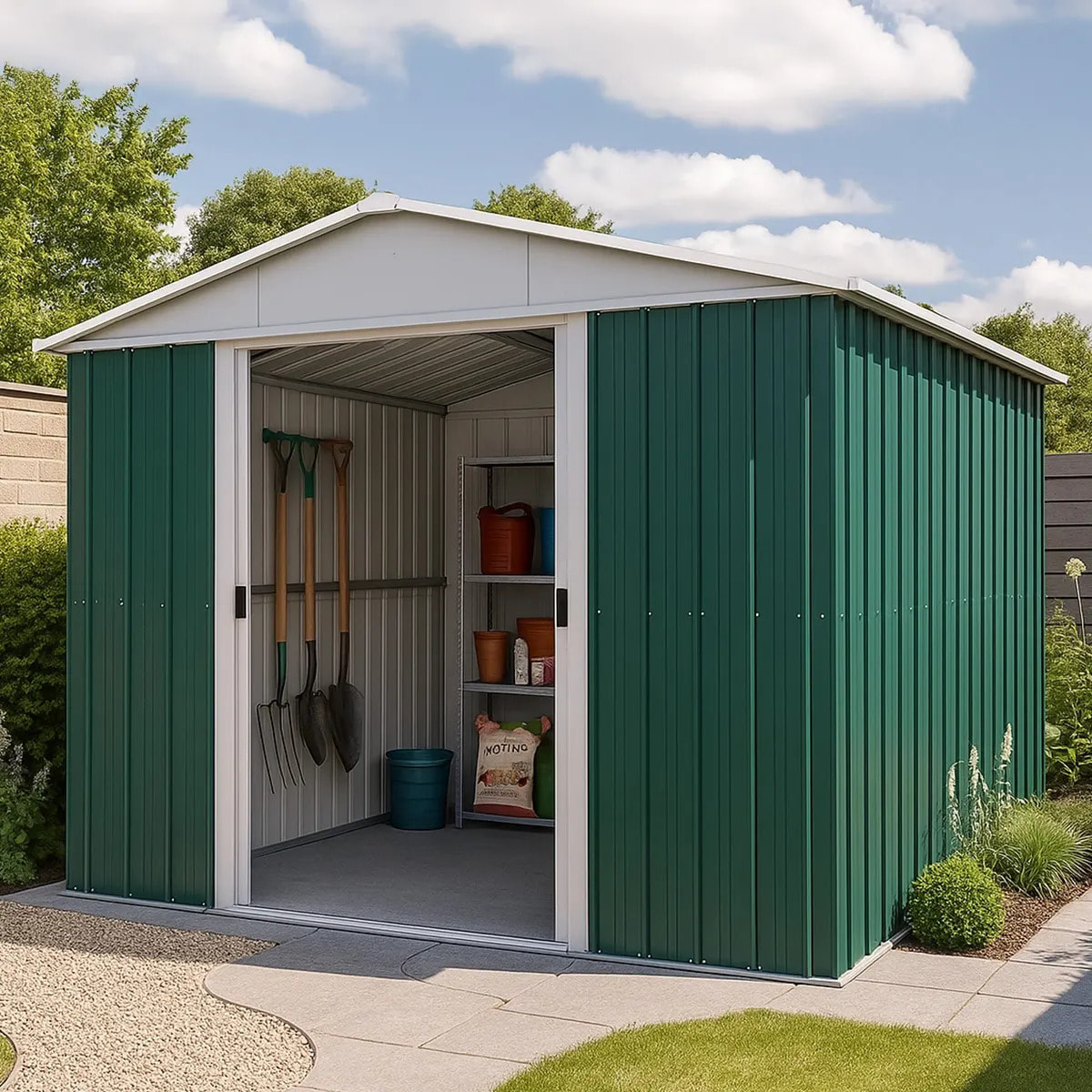 Abri de jardin métal vert Yardmaster 8,12 m² + kit d'ancrage