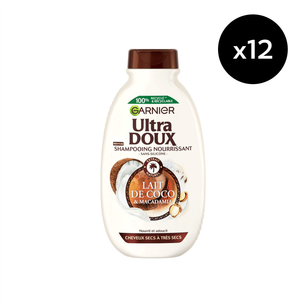 Lot de 12 - Garnier Ultra Doux Lait de Coco & Macadamia Shampooing Nourrissant 300ml - Homme & Femme
