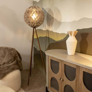 Lampadaire en lin taupe pied en teck h163cm BULAT