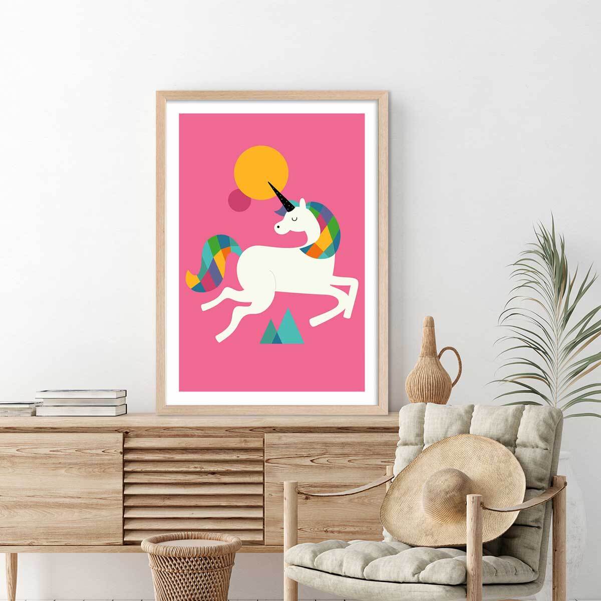 Affiche  licorne rose Affiche + cadre en bois - Chêne