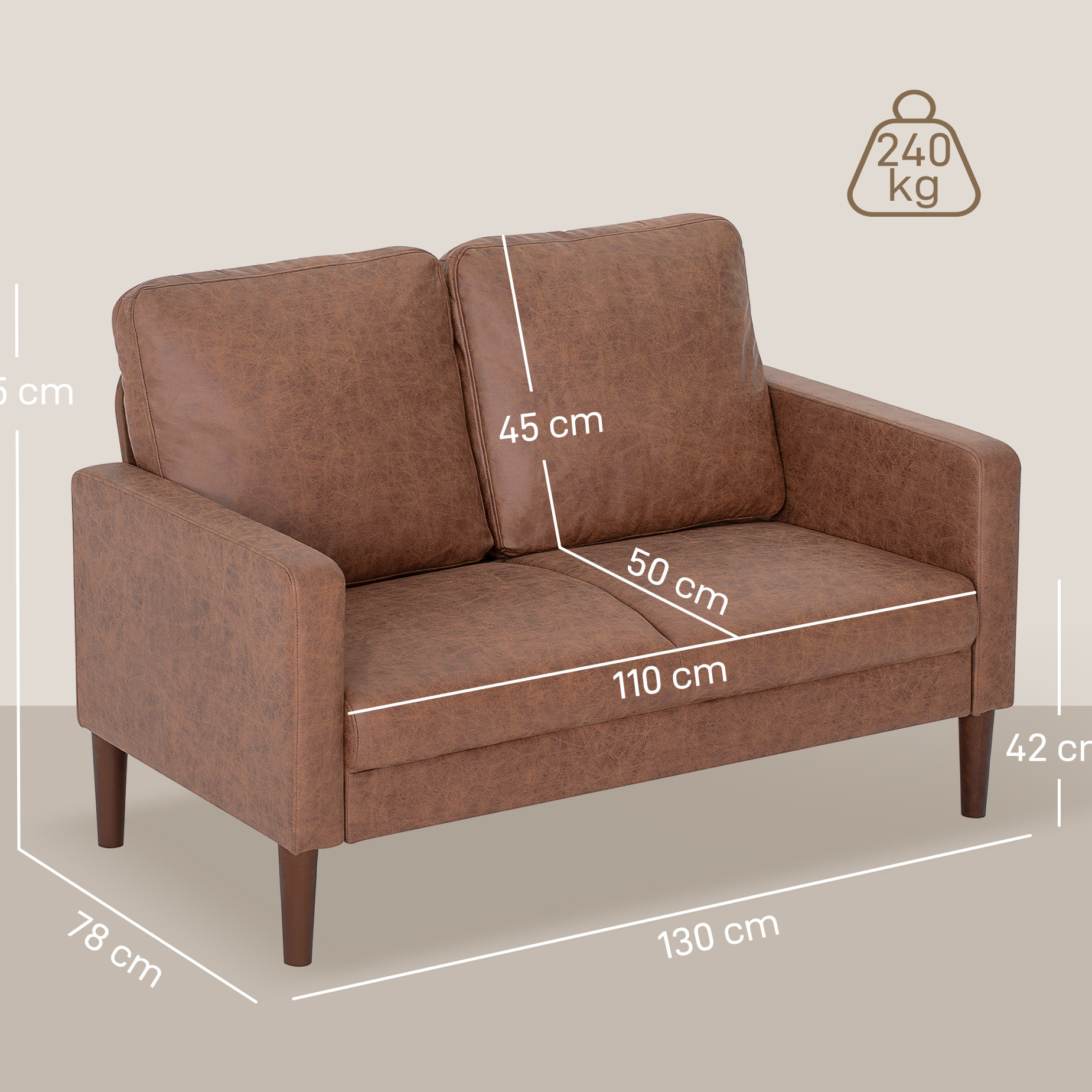 Sofá de 2 Plazas, Tapizado en Microfibra, Sofá Moderno con Patas de Madera, Reposabrazos, para Salón, Dormitorio, Oficina, Sala de Estar, 130x78x85 cm, Marrón