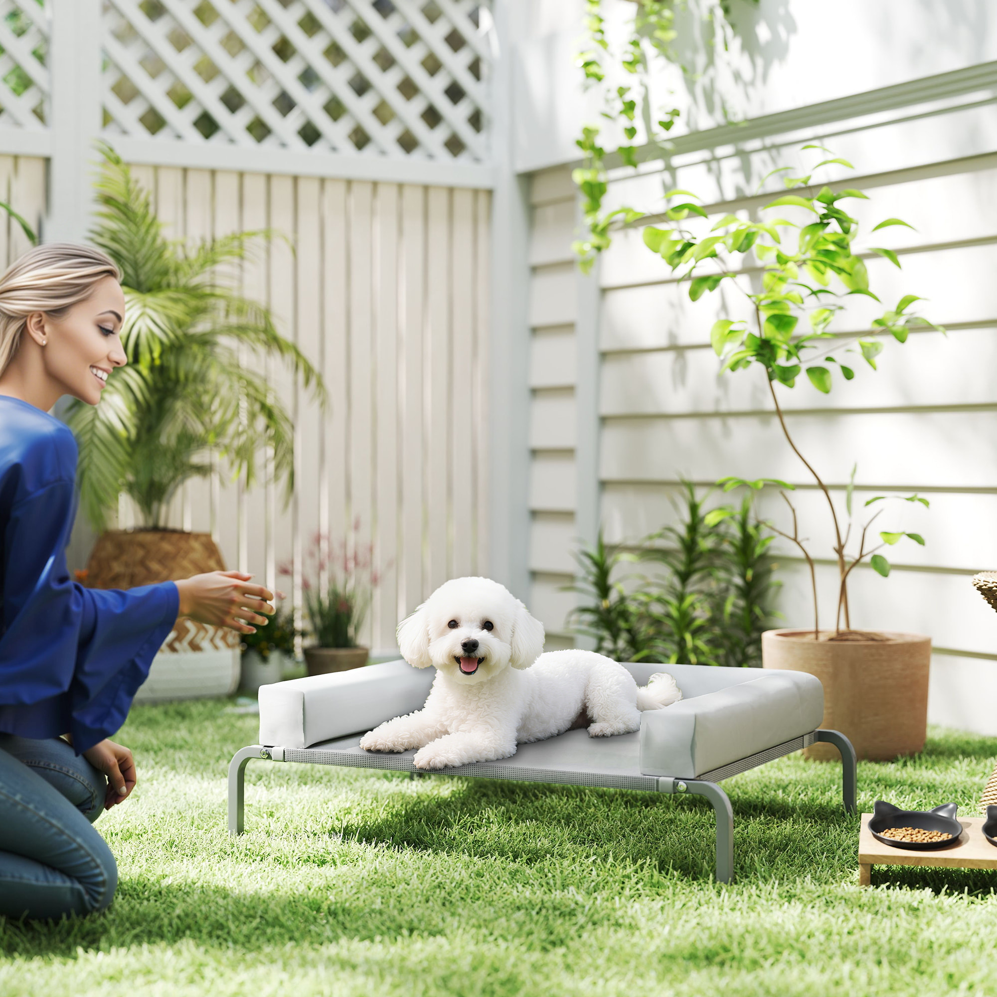 Cama Elevada para Perros Refrescante con Refuerzos Extraíbles Cama Elevada para Perros Pequeños Portátil con Malla Transpirable Marco de Acero para Interior Exterior 90x65x30 cm Gris Claro