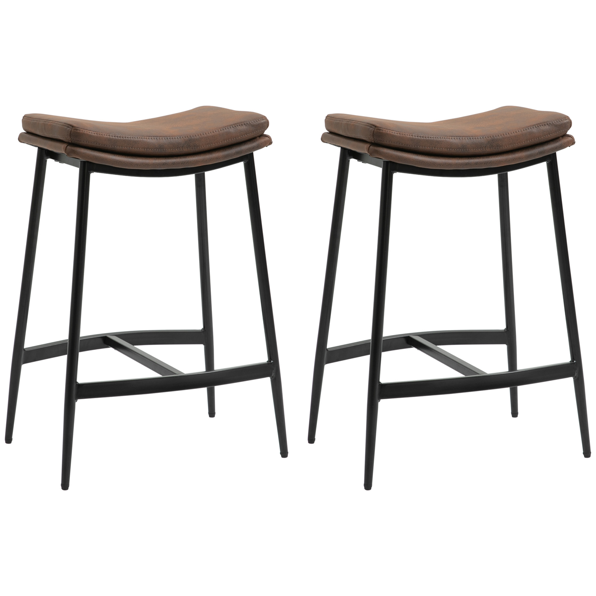 Lot de 2 tabourets de bar Vintage avec repose-pied piètement acier noir assise incurvée tissu marron effet vieilli