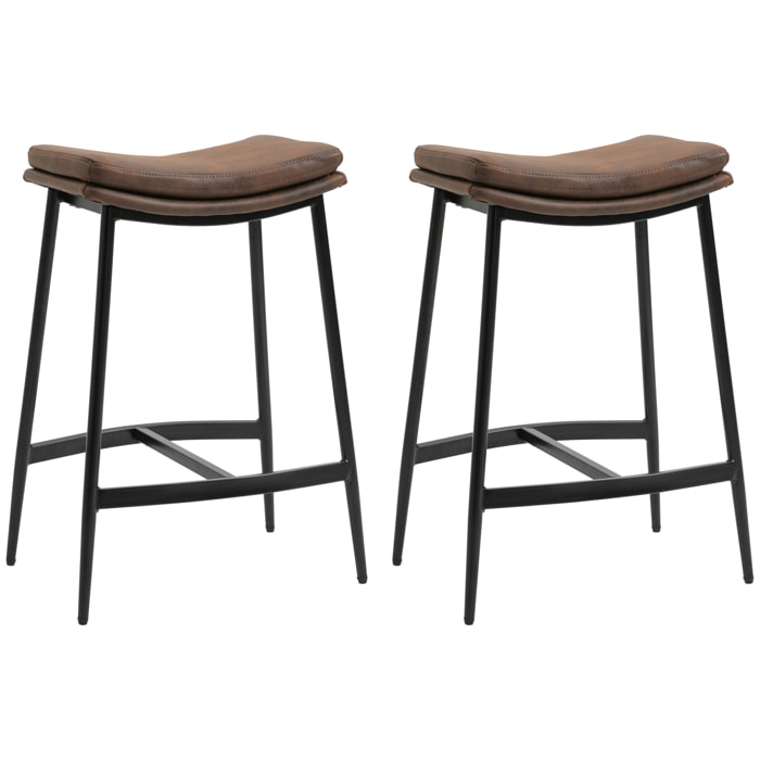 Lot de 2 tabourets de bar Vintage avec repose-pied piètement acier noir assise incurvée tissu marron effet vieilli