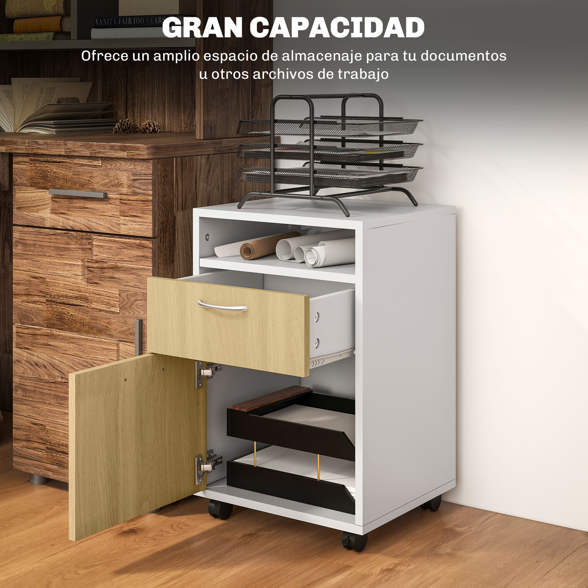 Cajonera de Oficina Móvil con Cajón y Gabinete Mueble Archivador con Ruedas Soporte de Impresora para Estudio 40x35x60 cm Natural y Blanco