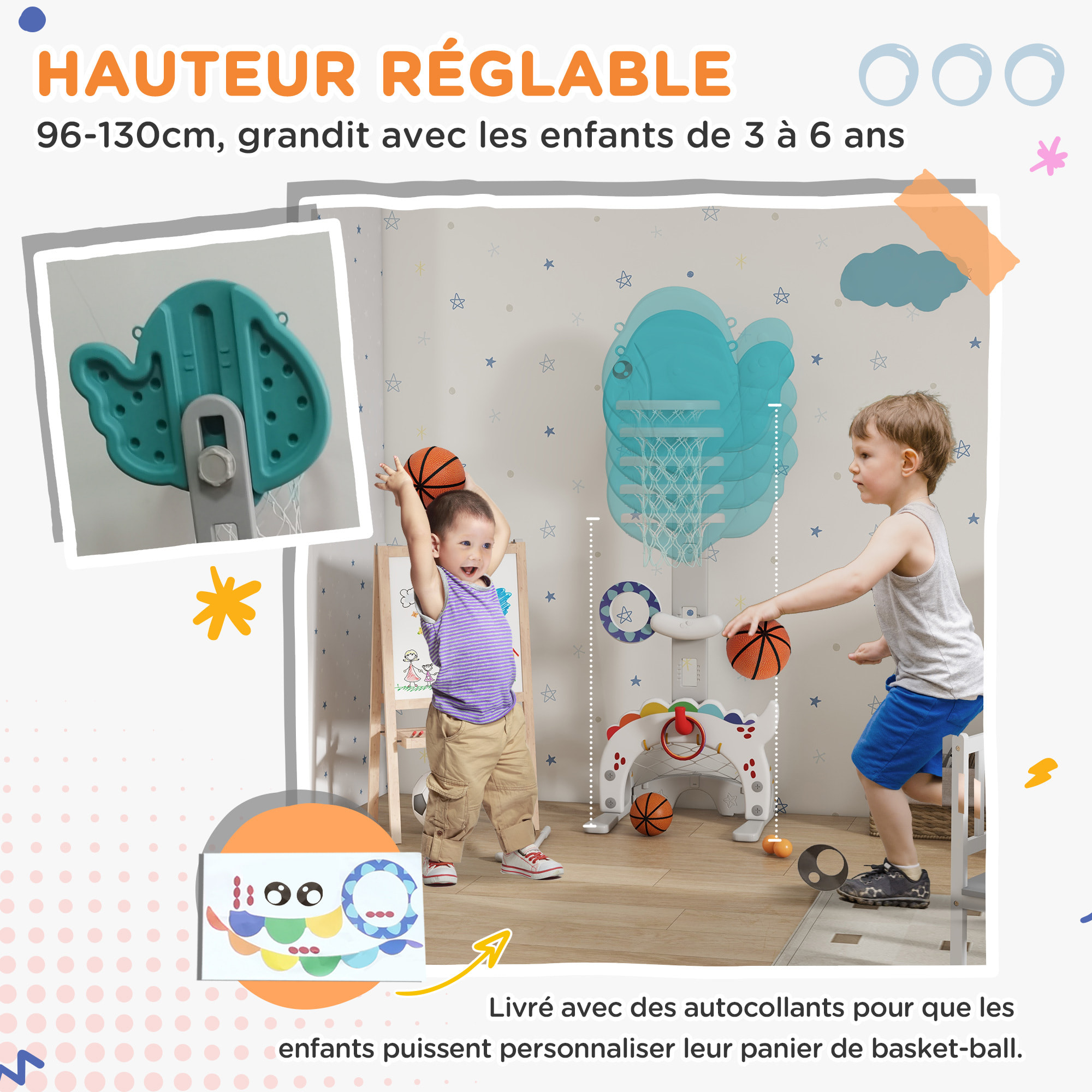 Panier de basketball enfant but de foot jeu de golf lancer d'anneaux et balle 5 en 1 HDPE bleu blanc gris