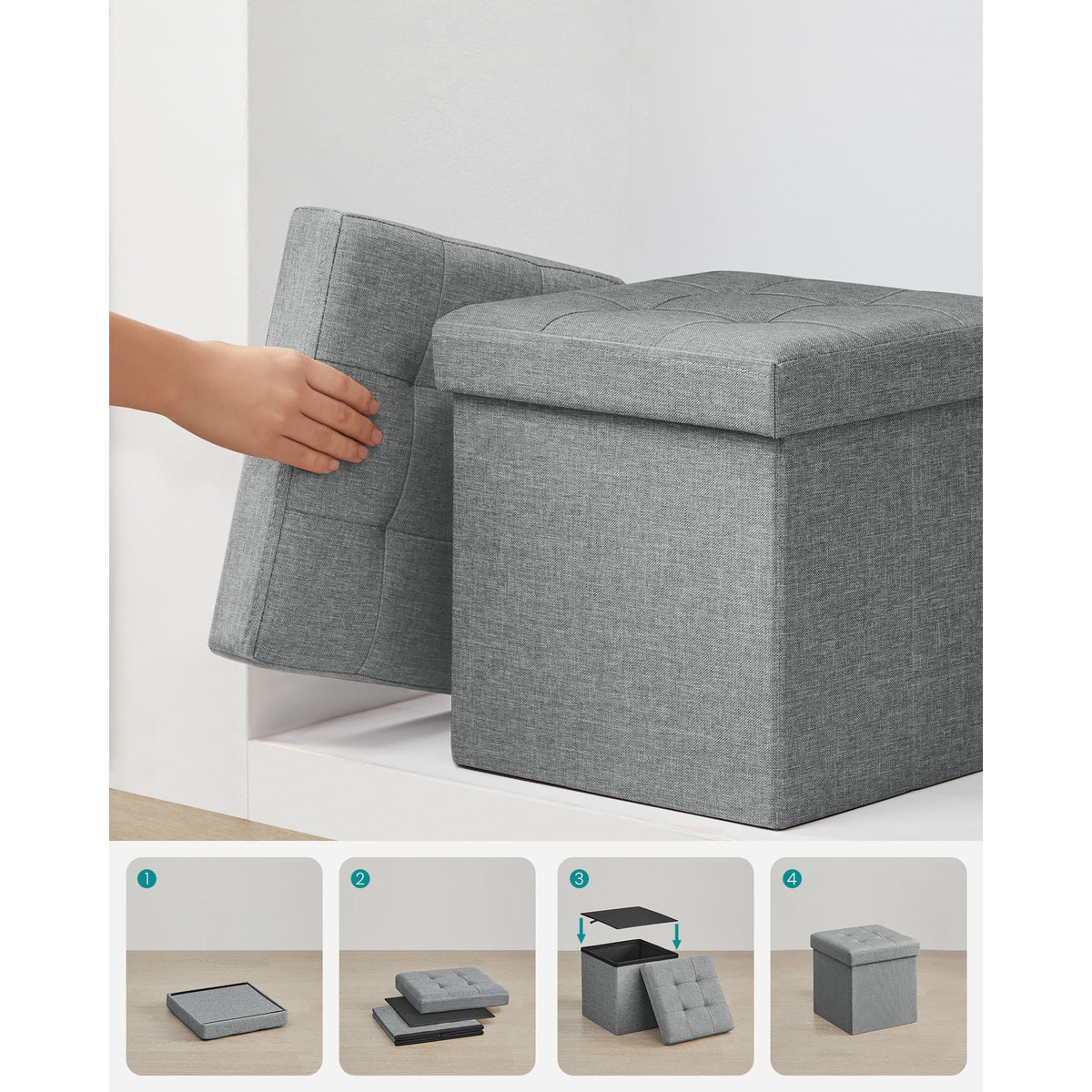 Pouf contenitore pieghevole grigio chiaro effetto lino