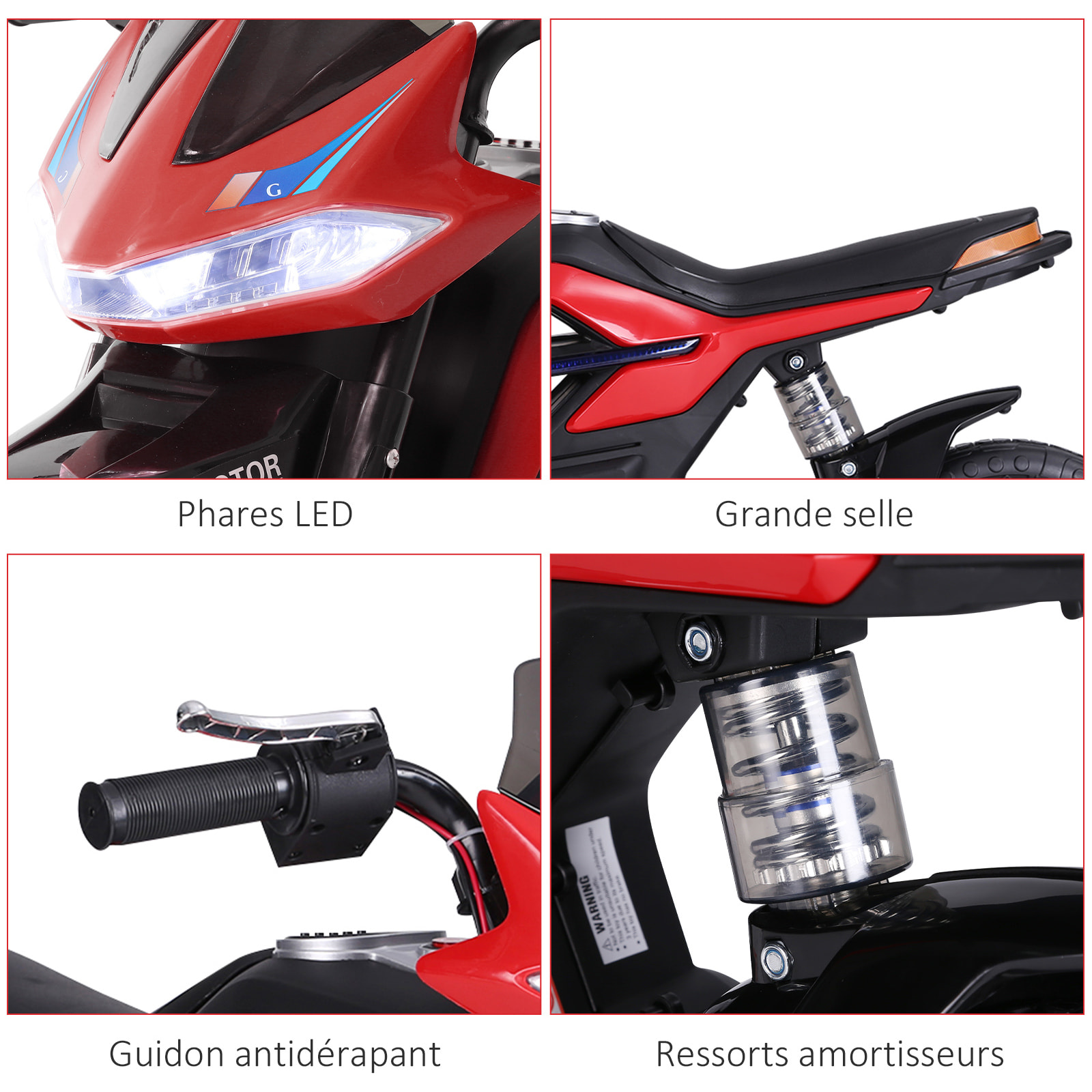 Moto électrique pour enfants 25 W 6 V 3 Km/h effets lumineux et sonores roulettes amovibles rouge