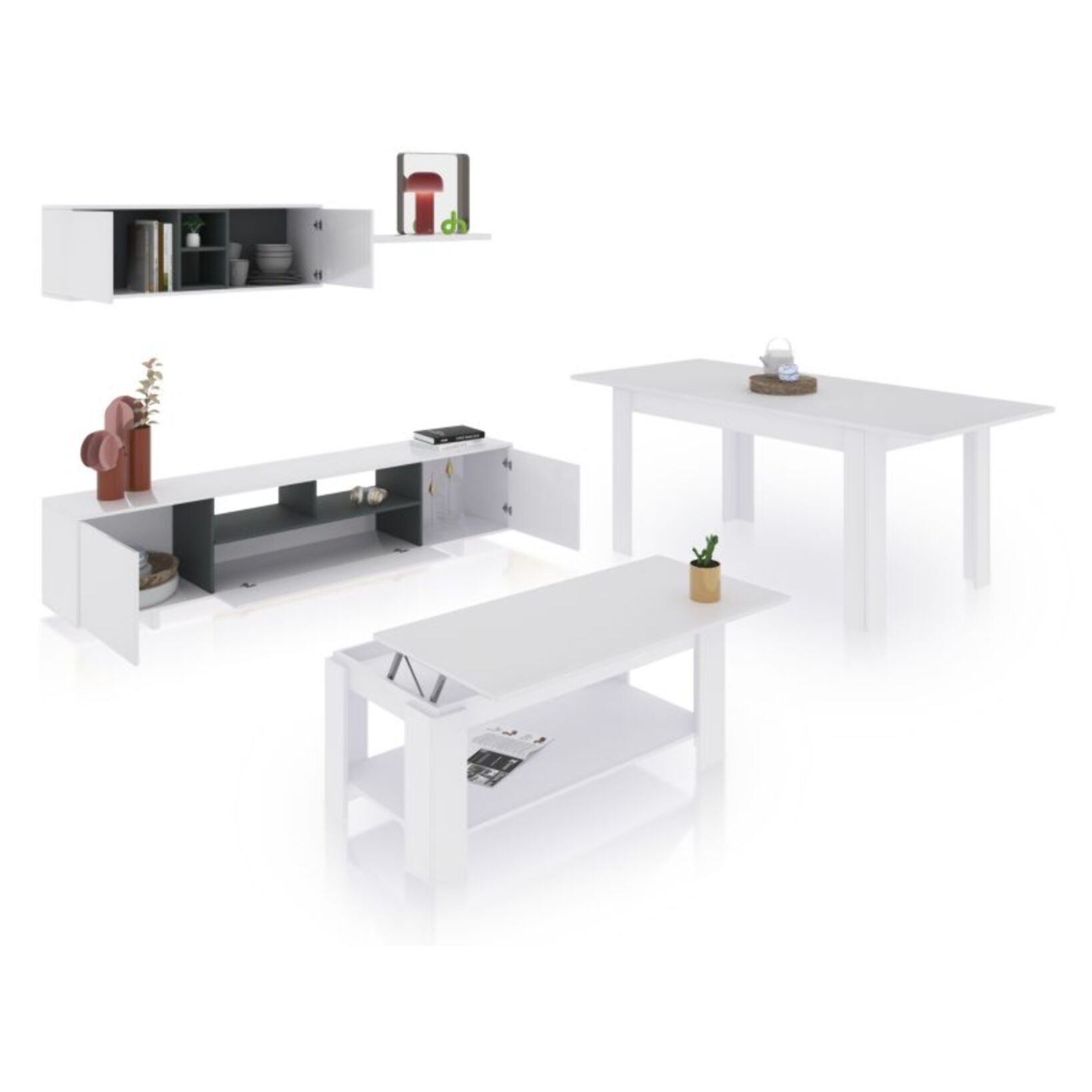 Pack salón con mesa de centro y mesa de comedor Kenzo Max V1A Blanco Brillo - Gris Antracita