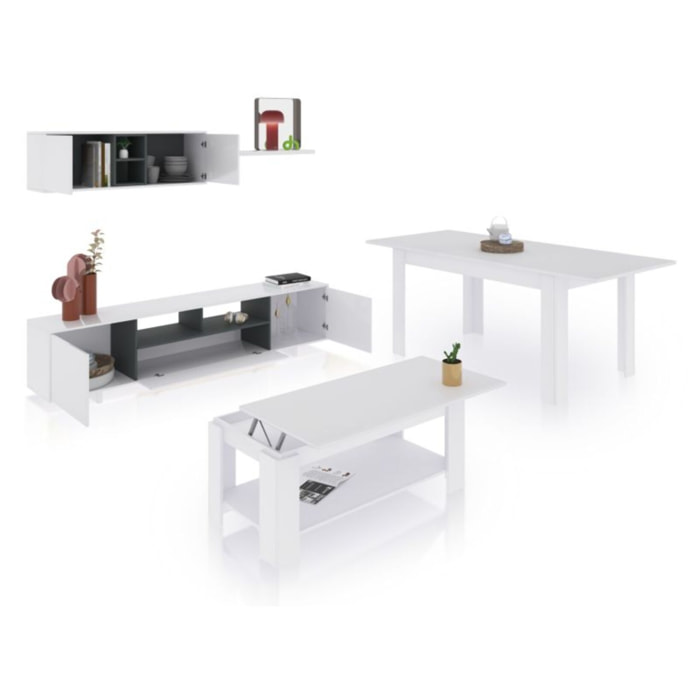 Pack salón con mesa de centro y mesa de comedor Kenzo Max V1A Blanco Brillo - Gris Antracita