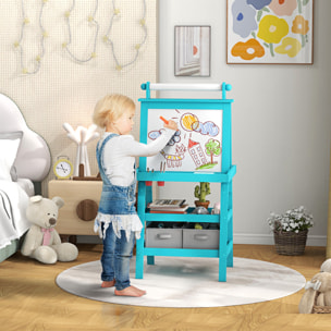 AIYAPLAY Lavagna per Bambini con Cavalletto 3 in 1, Rotolo di Carta e 2 Contenitori, in Legno, 59x48x118 cm, Blu