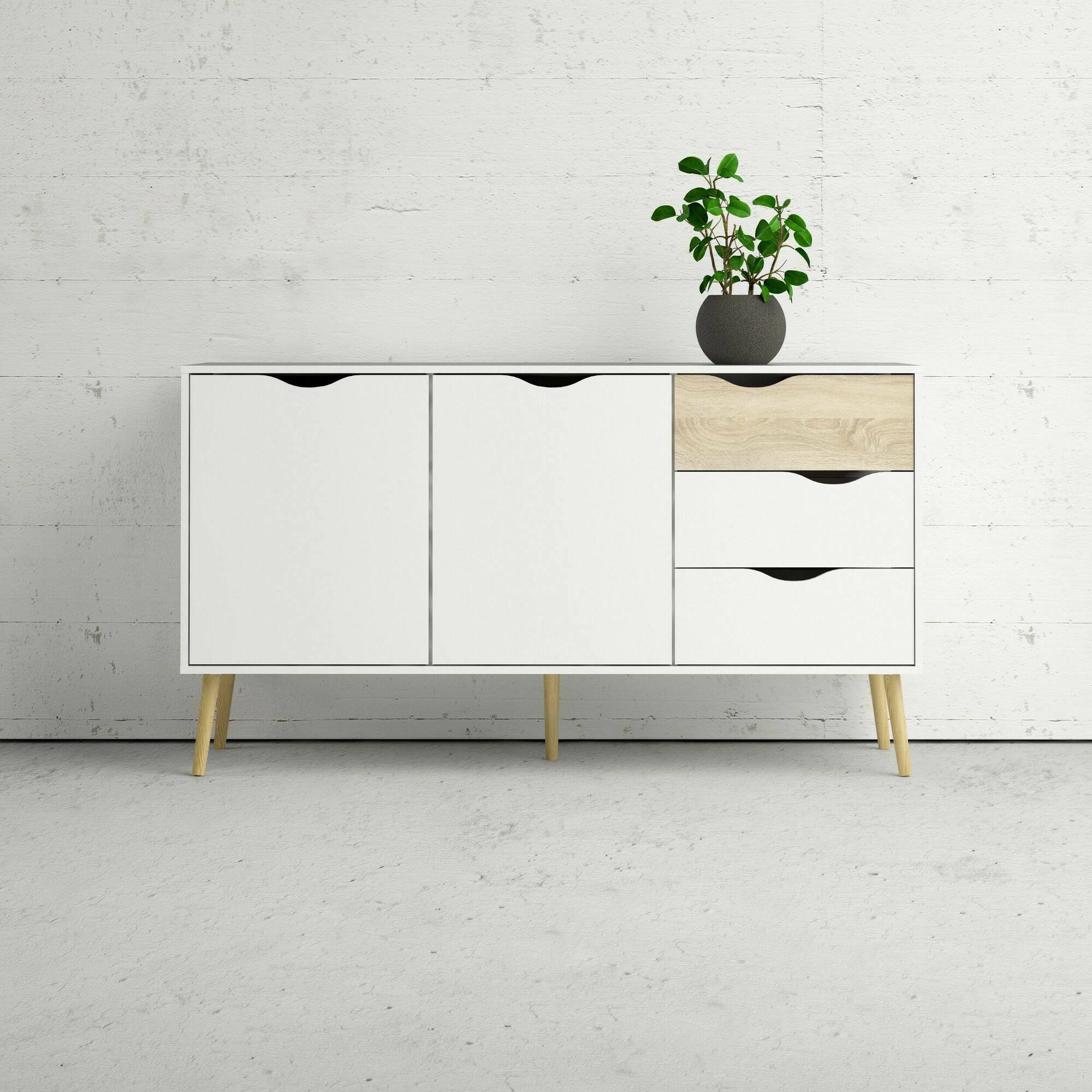 Credenza a due ante e tre cassetti, colore bianco e rovere, Misure 147 x 81 x 39 cm