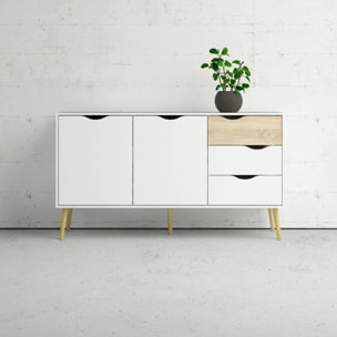 Credenza a due ante e tre cassetti, colore bianco e rovere, Misure 147 x 81 x 39 cm