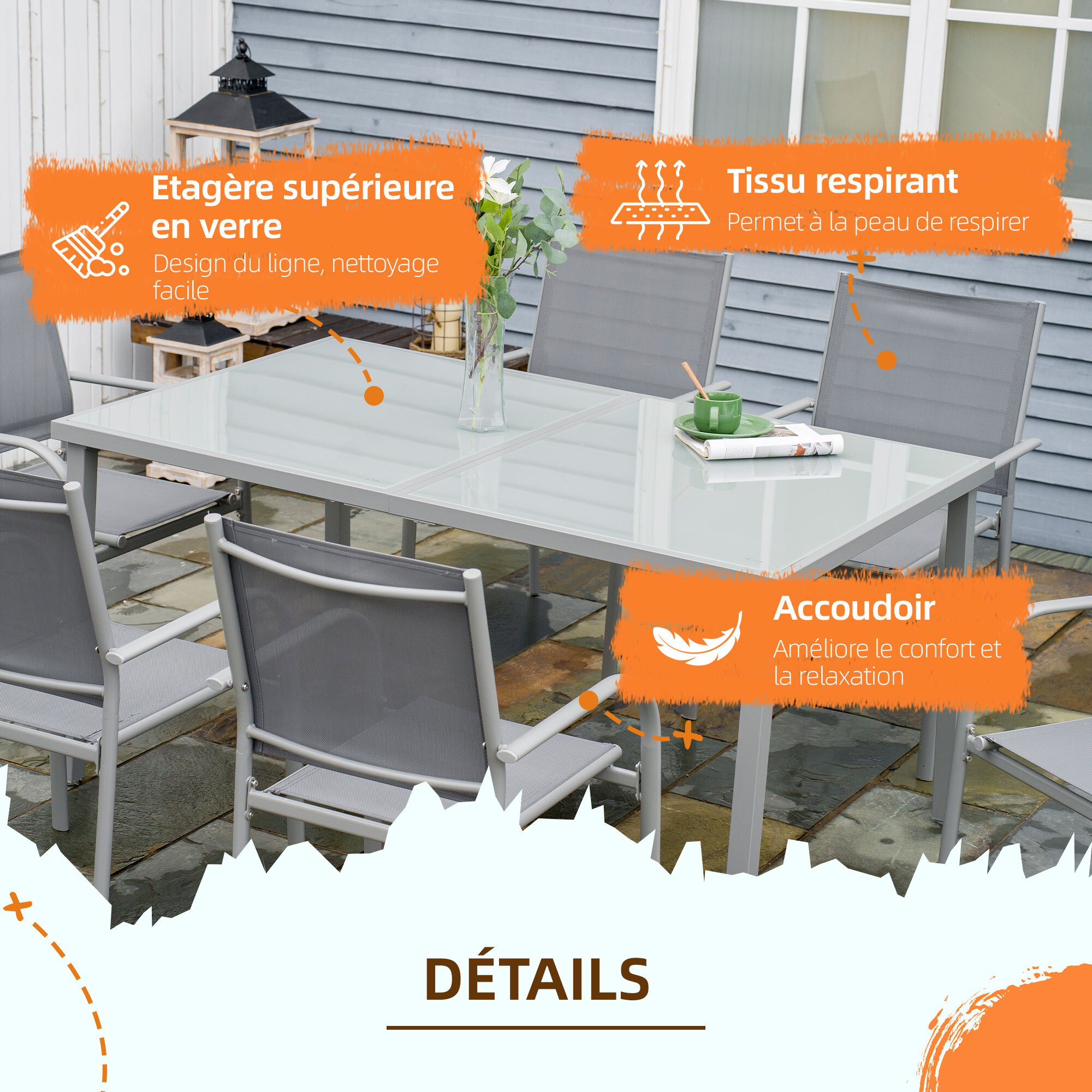 Ensemble de jardin 6 personnes chaises empilables table à manger dim. 150L x 90l x 72H cm plateau verre acier époxy textilène gris