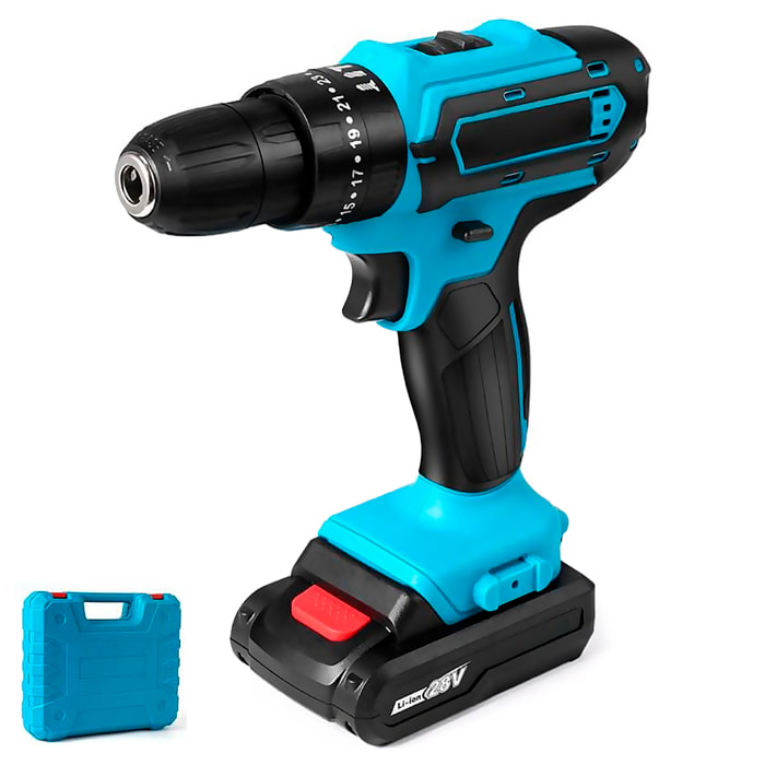 Set di attrezzi con valigetta, trapano elettrico senza fili e 28 accessori.