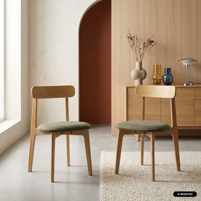 Chaise vintage bois d'hévéa teinte naturelle et tissu texturé (lot de 2) VICTOIRE