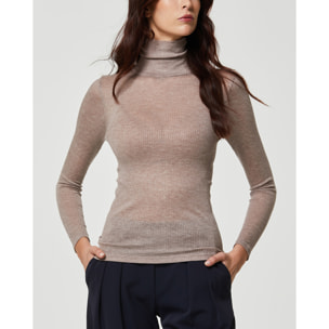 Maglia rib manica lunga collo alto in modal cashmere a costine