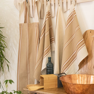 Torchon en coton et lin à rayures - Marron Brun