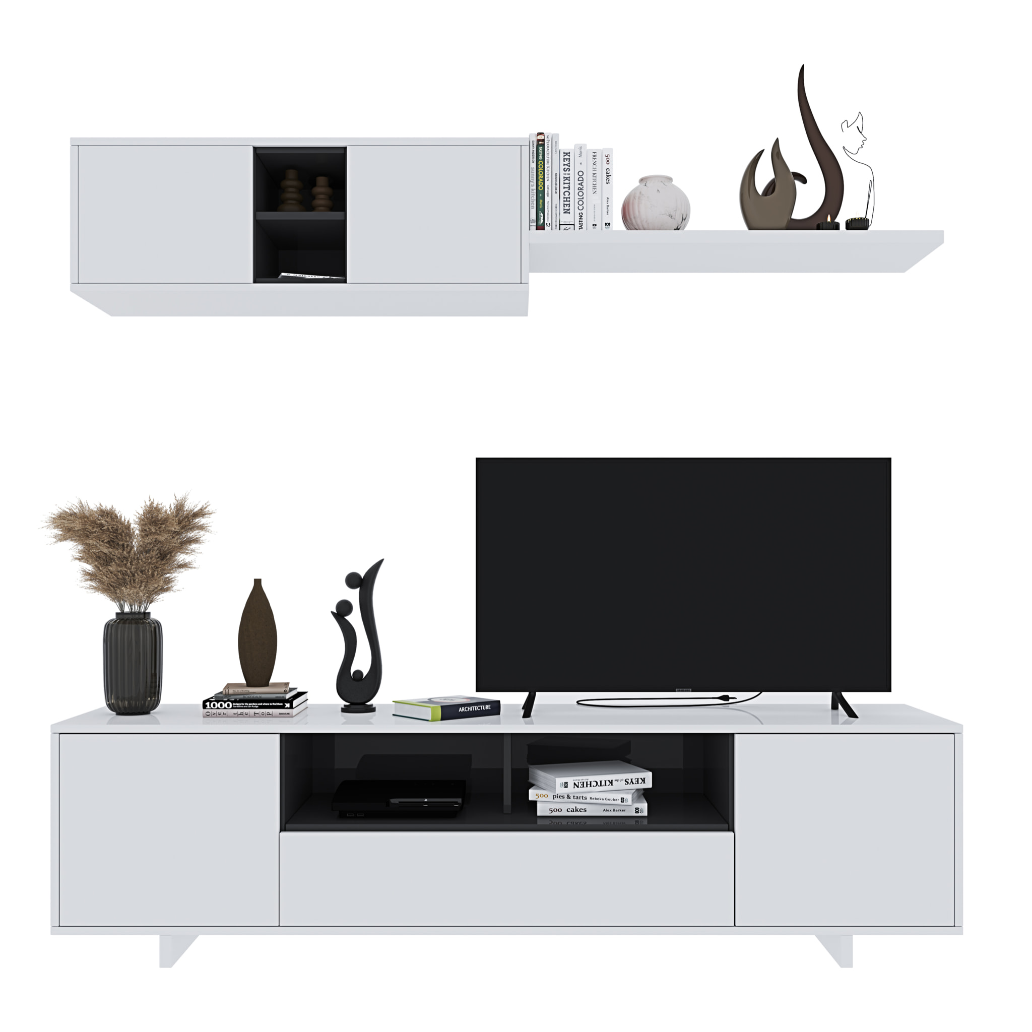 Parete Attrezzata Mobile Swiss Mobile Soggiorno TV Mensola Modulo Sospeso Salotto Legno Base Televisione Sala da Pranzo Design 200 x 41 x 46 cm Bianco