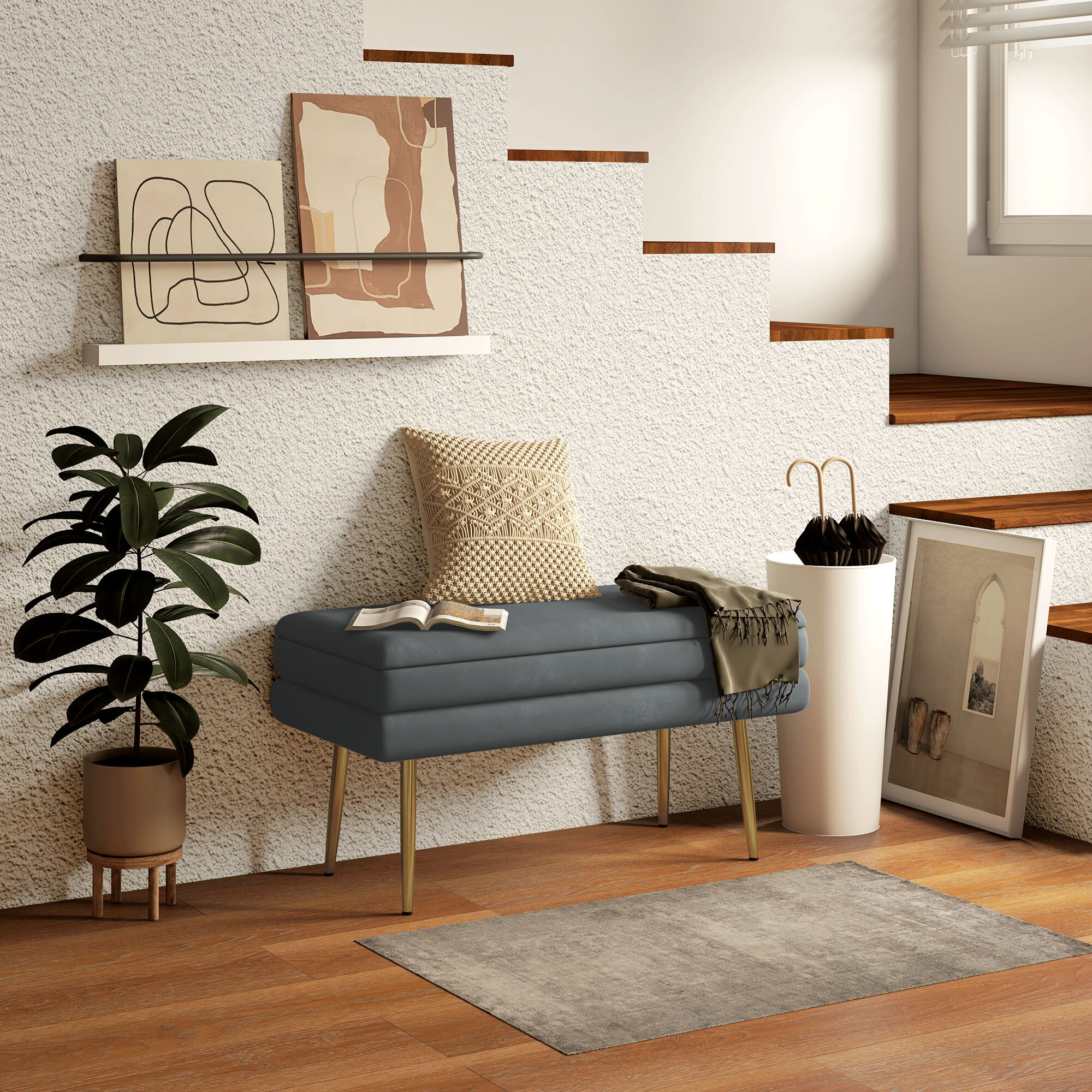 Baúl de Almacenaje para Dormitorio 30L Puff Almacenaje Tapizado en Terciopelo Banco de Almacenaje Desmontable con Patas de Acero para Entrada Salón 79,5x37,5x43 cm Gris Oscuro