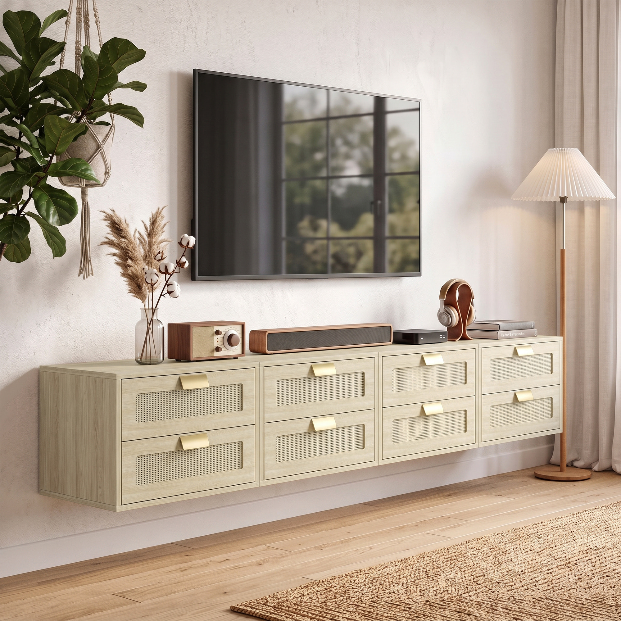Juego de 2 Mesitas de Noche Flotantes, Mesillas de Noche con 2 Cajones con Frente de Ratán Natural, Diseño Moderno, para Dormitorio, 40x30x27,6 cm, Roble