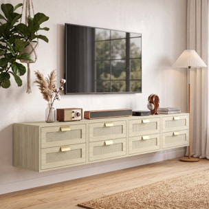 Juego de 2 Mesitas de Noche Flotantes, Mesillas de Noche con 2 Cajones con Frente de Ratán Natural, Diseño Moderno, para Dormitorio, 40x30x27,6 cm, Roble